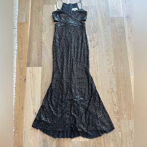 badgley mischka sequin maxi formal open sides spaghetti strap black